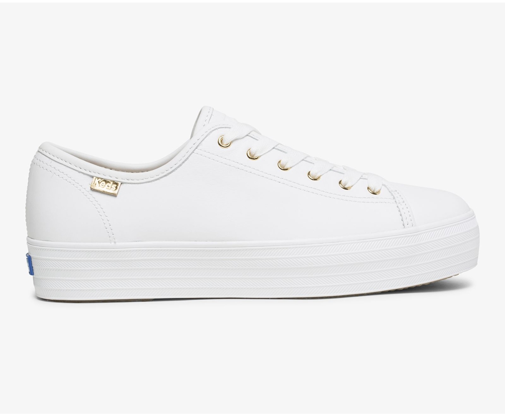 Πανινα Παπουτσια Γυναικεια - Keds Triple Kick Luxe Δερματινα - Λευκα - HQCYF8923